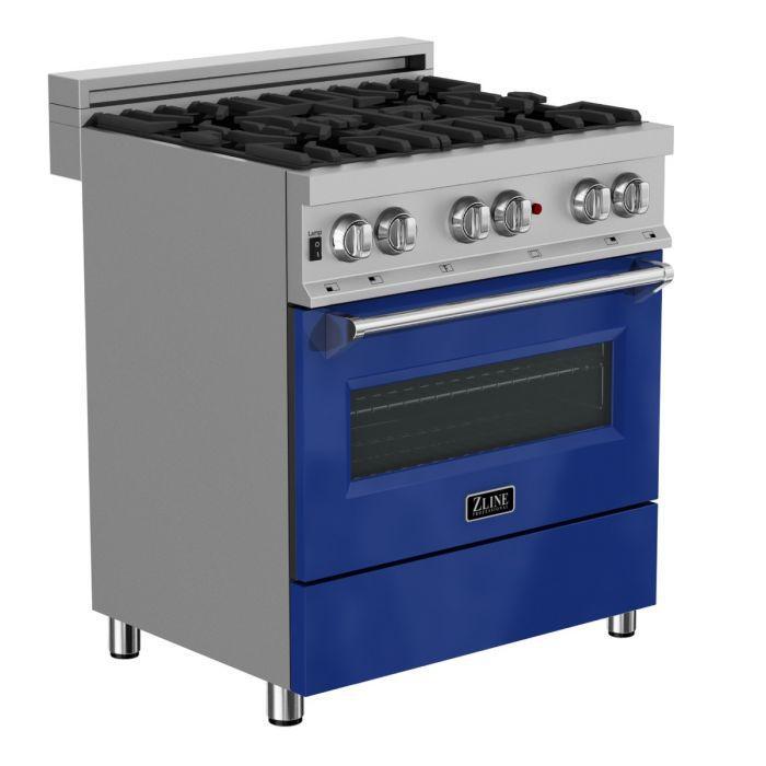 ZLINE 30 in. Professional Gas Burner/Electric Oven in DuraSnow® Stainless with Blue Gloss Door, RAS-BG-30