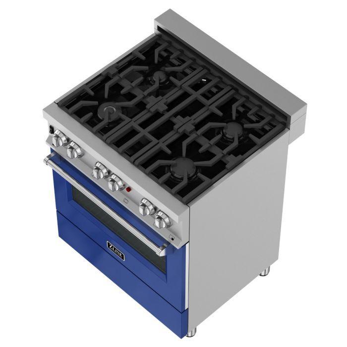 ZLINE 30 in. Professional Gas Burner/Electric Oven in DuraSnow® Stainless with Blue Gloss Door, RAS-BG-30