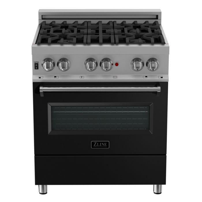 ZLINE 30 in. Professional Gas Burner/Electric Oven in DuraSnow® Stainless with Black Matte Door, RAS-BLM-30