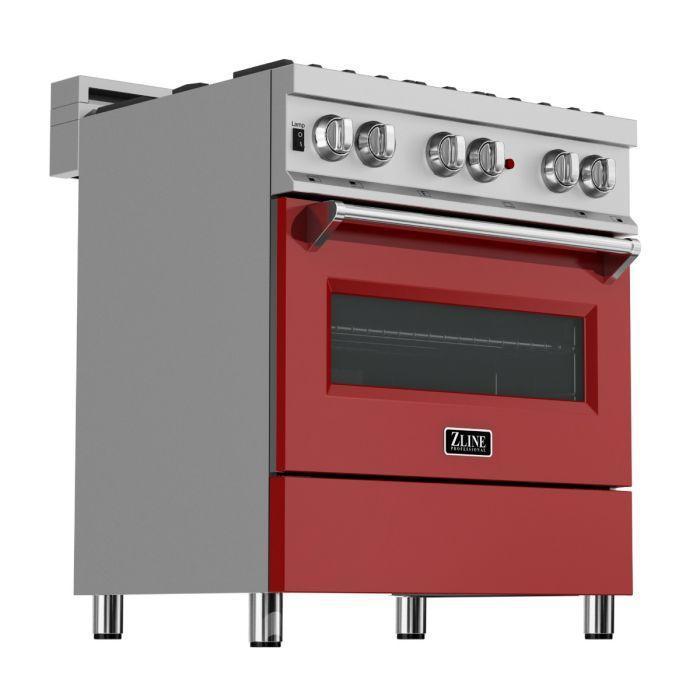 ZLINE 30" Dual Fuel Range in DuraSnow® with Red Matte Door & 30" Range Hood Appliance Package, 2KP-RASRMRH30