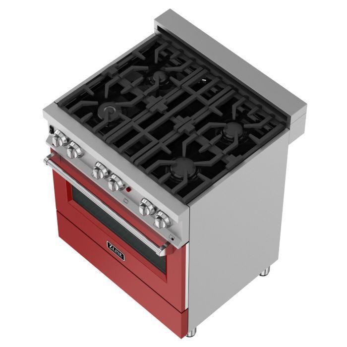 ZLINE 30 in. Dual Fuel Range in DuraSnow® with Red Gloss Door & 30 in. Range Hood Appliance Package, 2KP-RASRGRH30