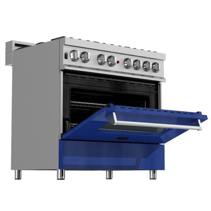 ZLINE 36" Dual Fuel Range in DuraSnow® with Blue Gloss Door & 36" Range Hood Appliance Package, 2KP-RASBGRH36