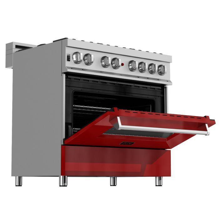 ZLINE 36" Dual Fuel Range in DuraSnow® with Red Gloss Door & 36" Range Hood Appliance Package, 2KP-RASRGRH36