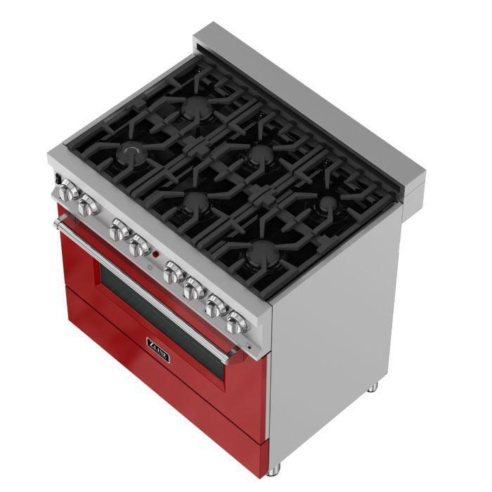 ZLINE 36" Dual Fuel Range in DuraSnow® with Red Gloss Door & 36" Range Hood Appliance Package, 2KP-RASRGRH36