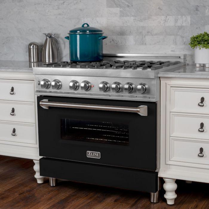 ZLINE 36" Dual Fuel Range in DuraSnow® with Black Matte Door & 36" Range Hood Appliance Package, 2KP-RASBLMRH36