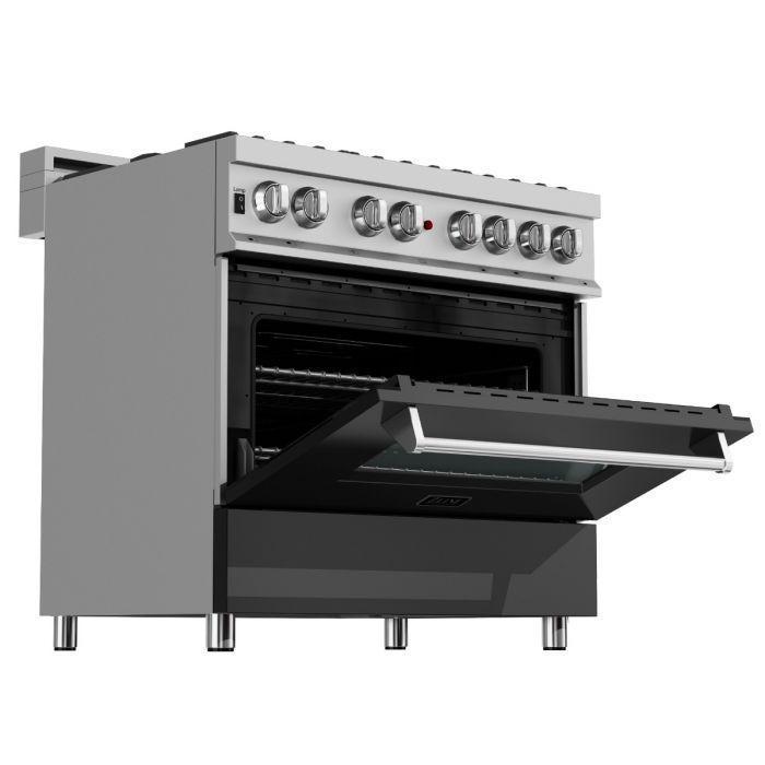 ZLINE 36" Dual Fuel Range in DuraSnow® with Black Matte Door & 36" Range Hood Appliance Package, 2KP-RASBLMRH36