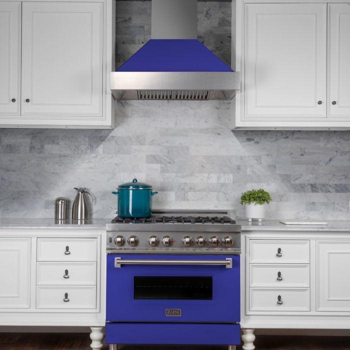 ZLINE 36" Dual Fuel Range with Blue Matte Door & 36" Range Hood Appliance Package, 2KP-RASBMRH36