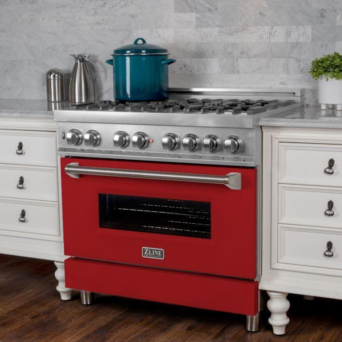 ZLINE 36" Dual Fuel Range in DuraSnow® with Red Matte Door & 36" Range Hood Appliance Package, 2KP-RASRMRH36