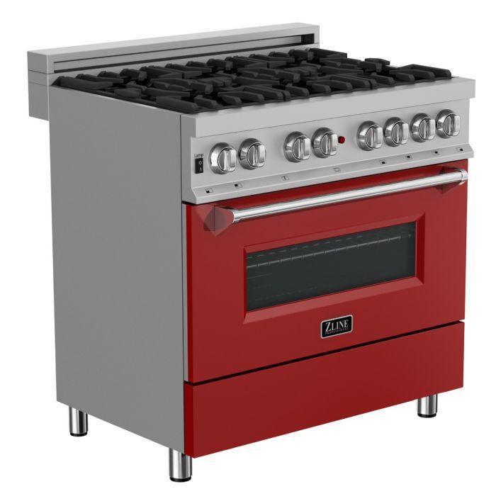 ZLINE 36 in. Professional Gas Burner/Electric Oven in DuraSnow® Stainless with Red Matte Door, RAS-RM-36