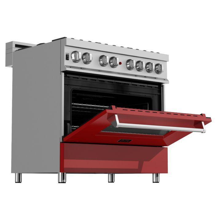 ZLINE 36" Dual Fuel Range in DuraSnow® with Red Matte Door & 36" Range Hood Appliance Package, 2KP-RASRMRH36