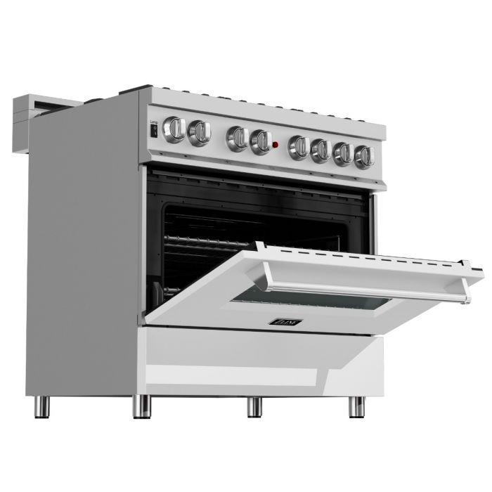 ZLINE 36" Dual Fuel Range in DuraSnow® with White Matte Door & 36" Range Hood Appliance Package, 2KP-RASWMRH36