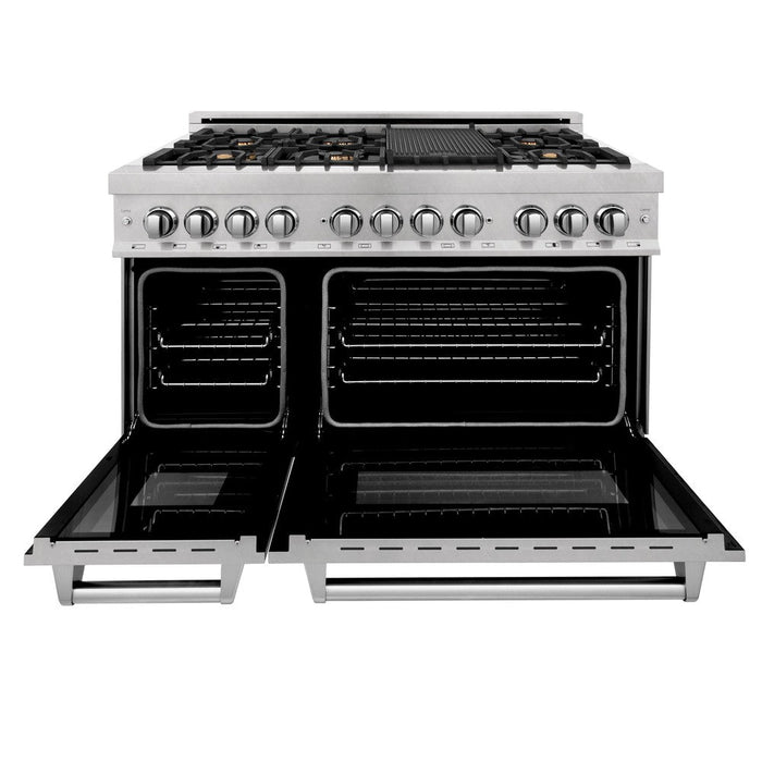 ZLINE 48 in. 6.0 cu. ft. Legacy Dual Fuel Range with Gas Cooktop and 2 Electric Ovens in DuraSnow® Stainless Steel with 6 Brass Burners and Griddle (RAS-SN-BR-GR-48)