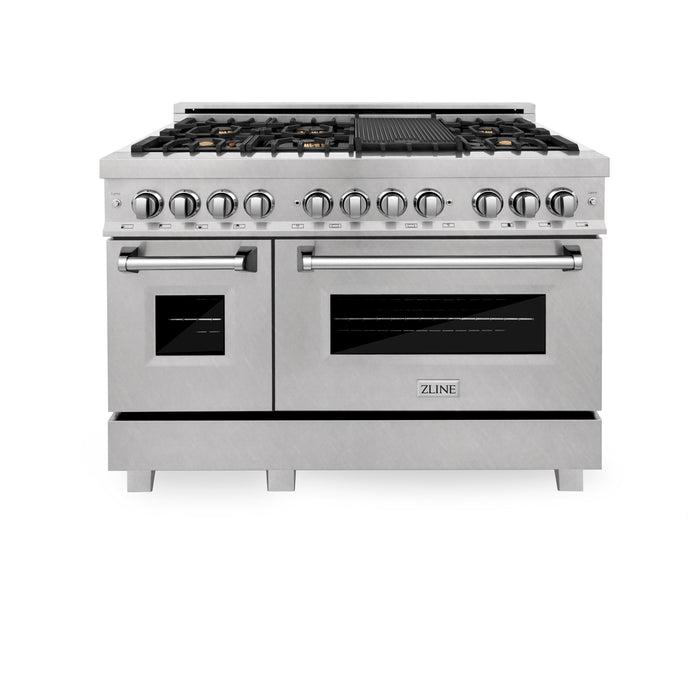 ZLINE 48" 6.0 cu. ft. Gas Burner, Electric Oven with Griddle and Brass Burners in DuraSnow® Stainless Steel, RAS-SN-BR-GR-48