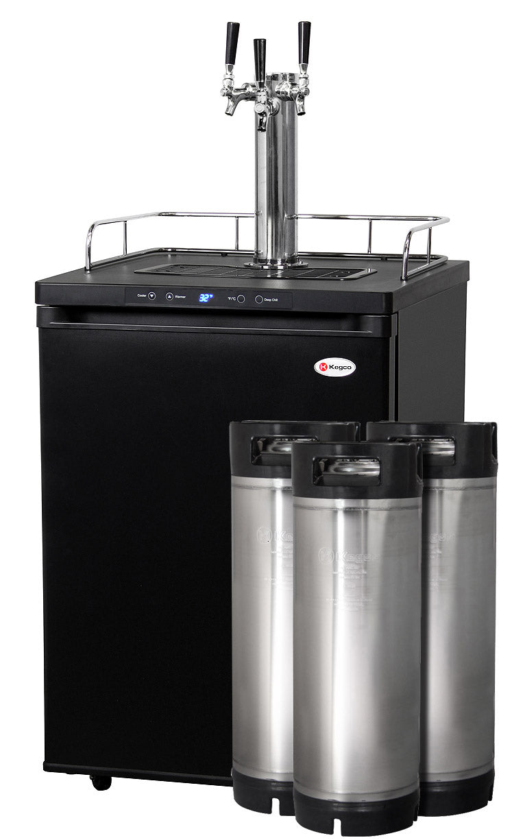 Triple Tap Faucet Digital Home Brew Kegerator with 5 Gallon Kegs - Black Matte Cabinet and Door