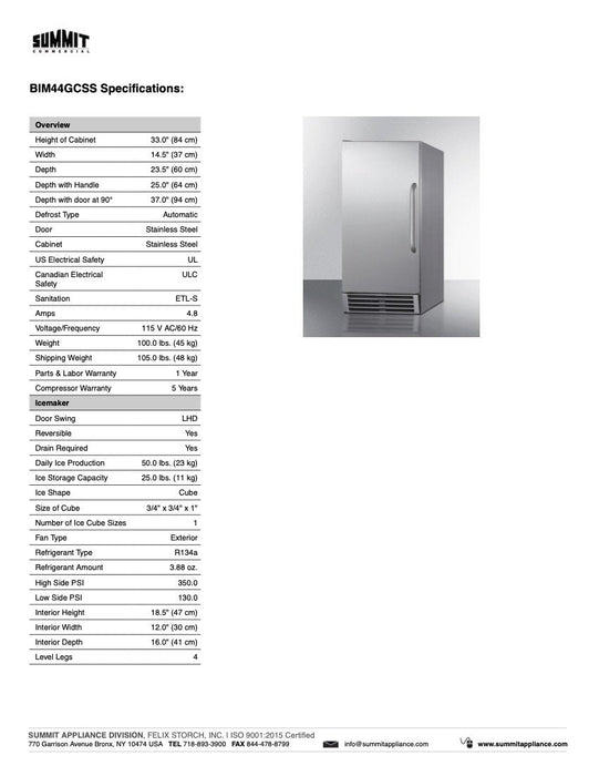 SUMMIT Built-In 50 lb. Clear Icemaker