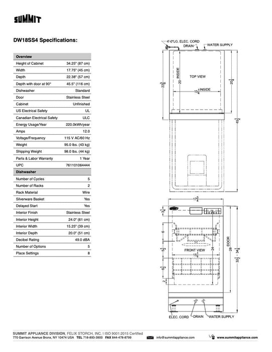 SUMMIT 18" Wide Built-In Dishwasher