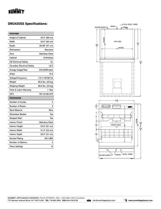 SUMMIT 24" Wide Built-In Dishwasher