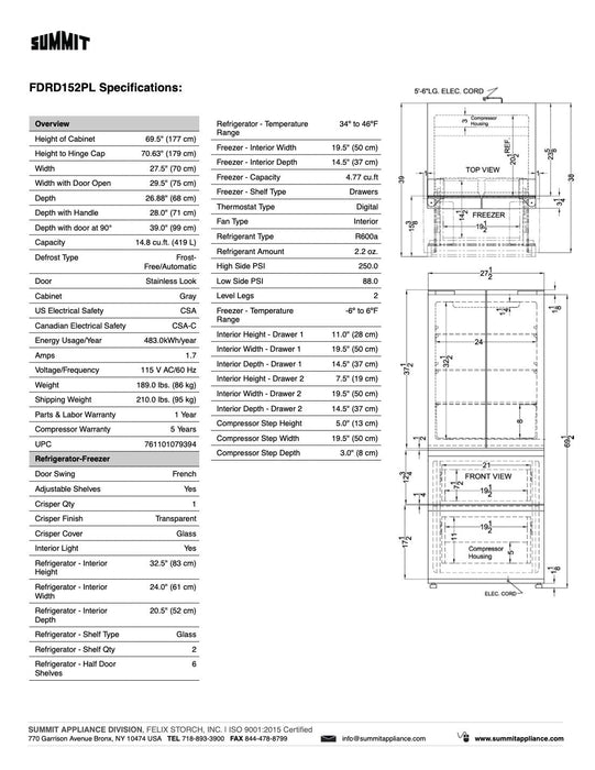 SUMMIT 27.5" Wide French Door Refrigerator-Freezer