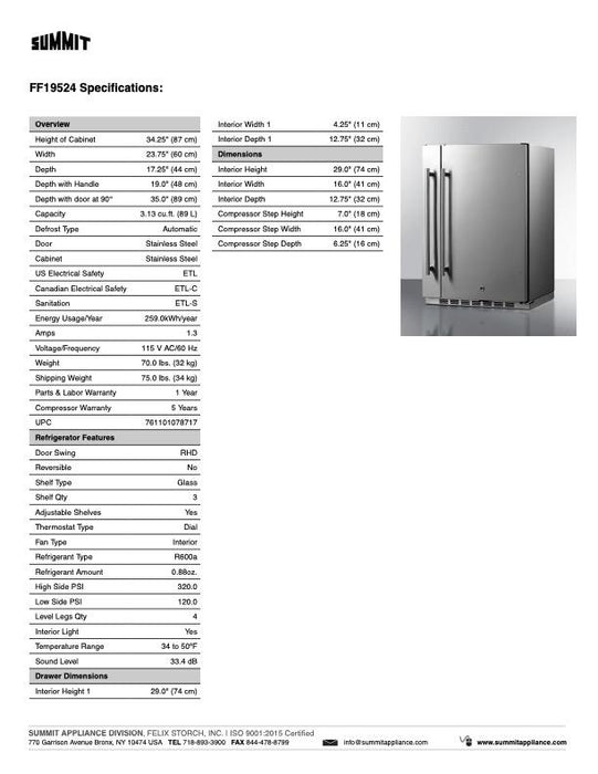 SUMMIT Shallow Depth 24" Wide Built-In All-Refrigerator With Slide-Out Storage Compartment