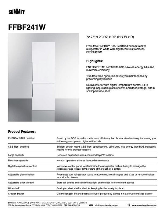 SUMMIT 24" Wide Bottom Freezer Refrigerator