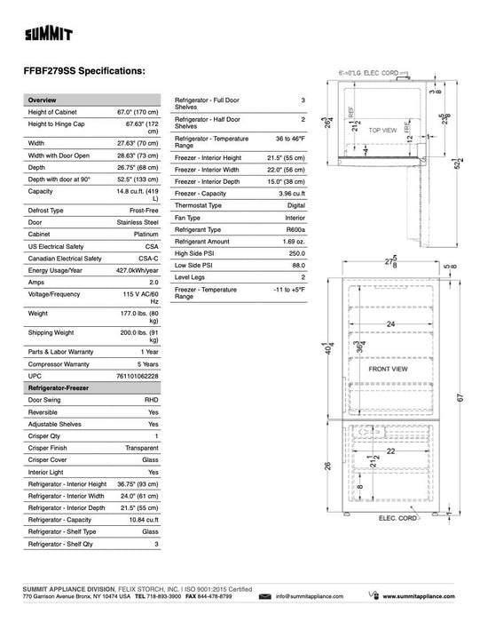 SUMMIT 28" Wide Bottom Freezer Refrigerator