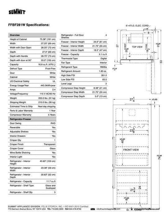 SUMMIT 28" Wide Bottom Freezer Refrigerator