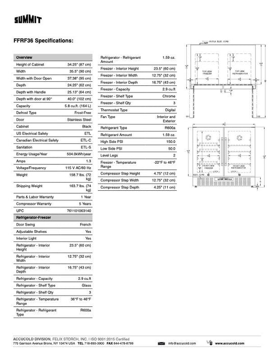 SUMMIT 36" Wide Built-In Refrigerator-Freezer