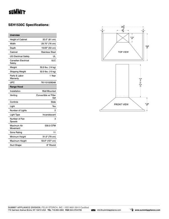 SUMMIT Wall-Mounted Range Hood