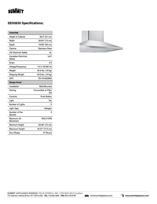 SUMMIT Wall-Mounted Range Hood in Stainless Steel (SEH36)