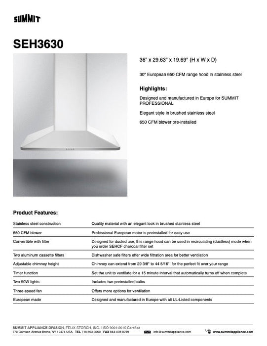 SUMMIT Wall-Mounted Range Hood in Stainless Steel (SEH36)