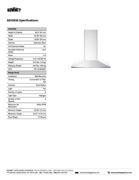 SUMMIT Wall-Mounted Range Hood in Stainless Steel (SEH36)