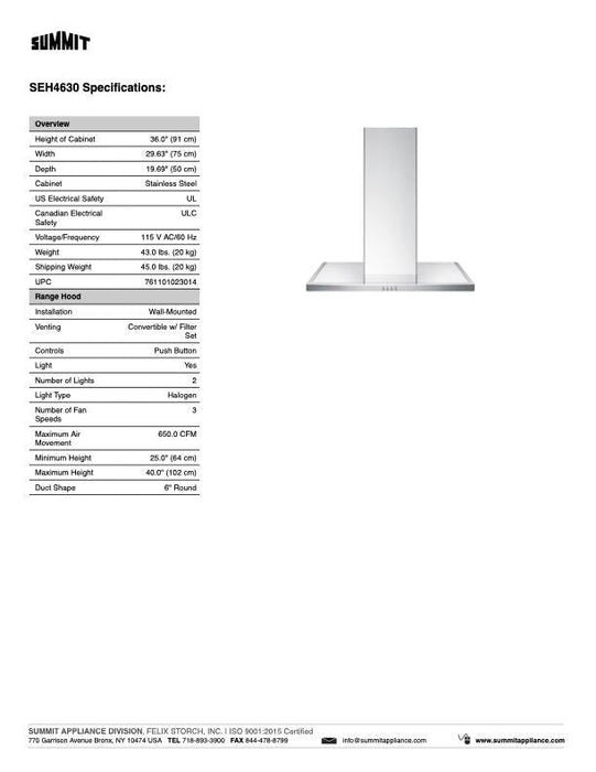 SUMMIT 30" Wide Wall-Mounted Range Hood