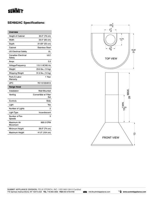 SUMMIT 24" Wide Wall-Mounted Range Hood