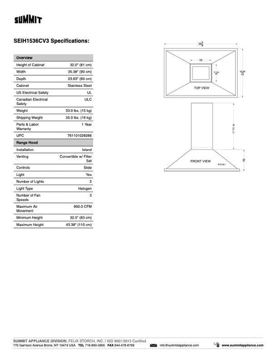 SUMMIT 36" Wide Island Hood