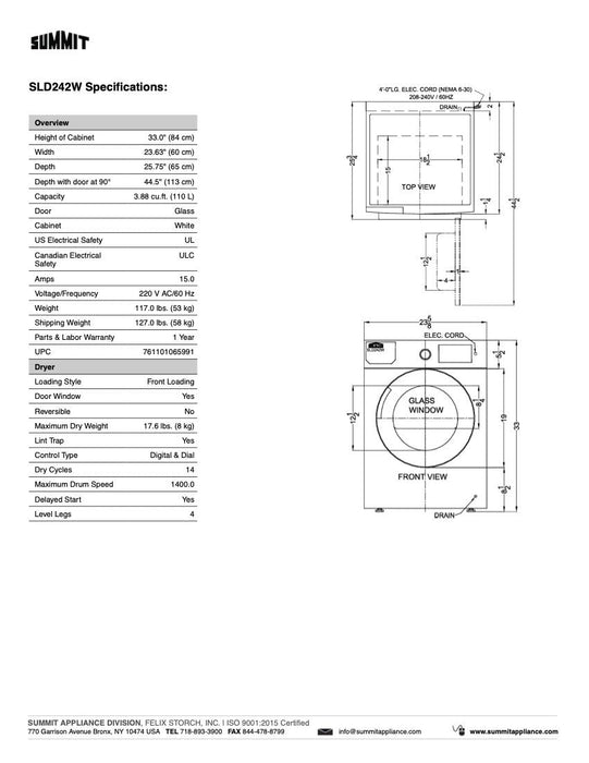 SUMMIT 24" Wide 208-240V Heat Pump Dryer