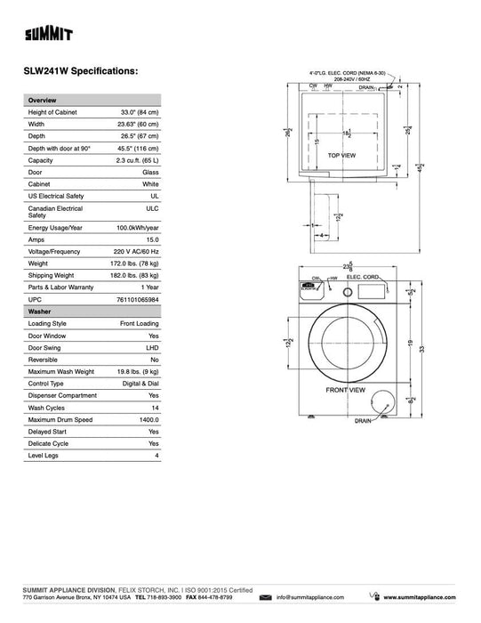 SUMMIT 24" Wide 208-240V Washer