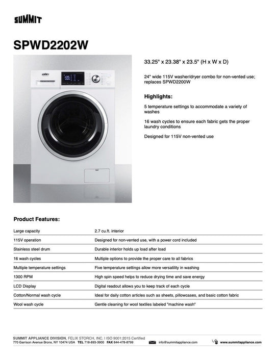 SUMMIT 24" Wide 115V Washer/Dryer Combo