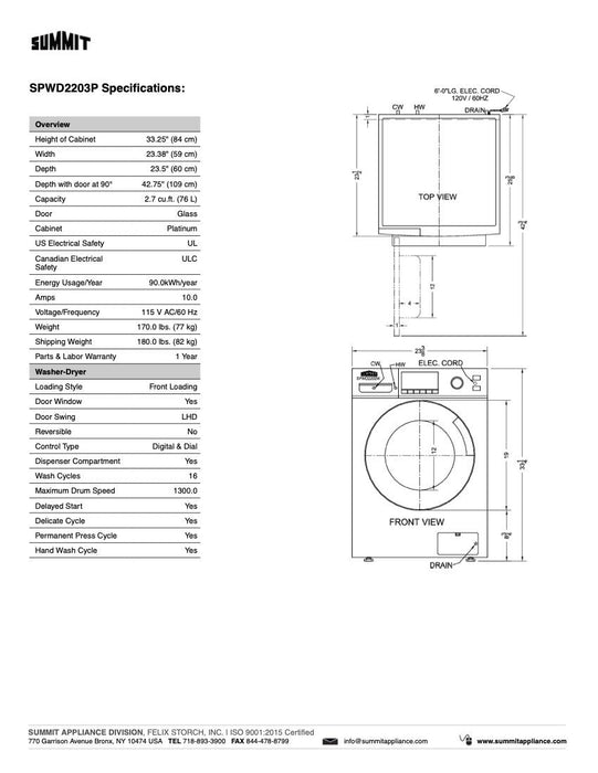 SUMMIT 24" Wide 115V Washer/Dryer Combo