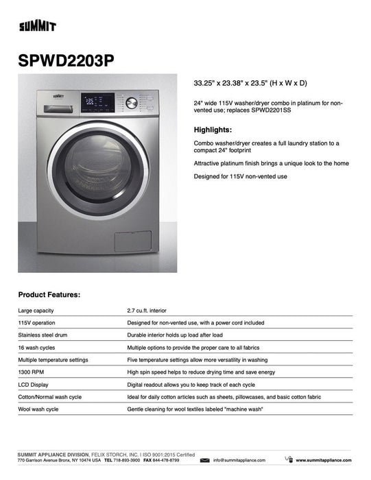 SUMMIT 24" Wide 115V Washer/Dryer Combo