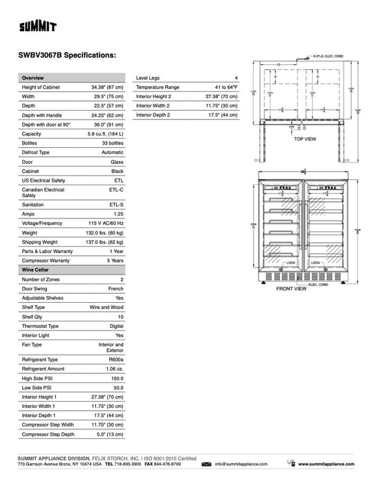 SUMMIT 30" Wide Built-In Wine/Beverage Center (SWBV3067B)