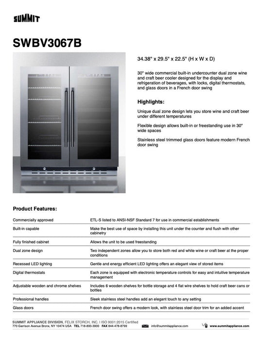 SUMMIT 30" Wide Built-In Wine/Beverage Center (SWBV3067B)