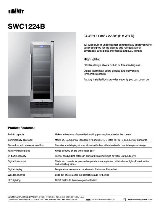 SUMMIT 12 Inch-Wide Built-In Wine Cellar (SWC1224B)