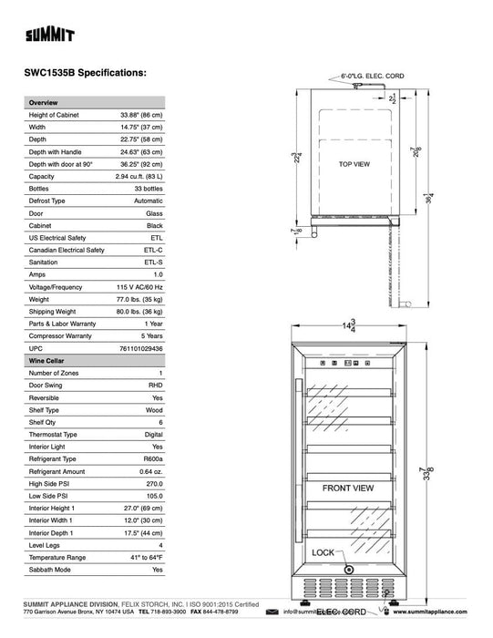 SUMMIT 15" Wide Built-In Wine Cellar (SWC1535B)