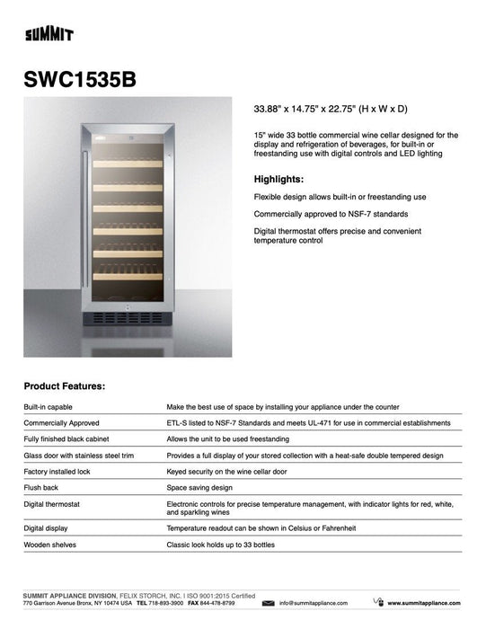 SUMMIT 15" Wide Built-In Wine Cellar (SWC1535B)