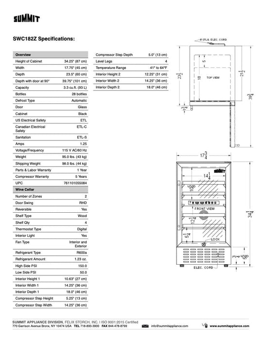 SUMMIT 18" Wide Built-In Wine Cellar (SWC182Z)