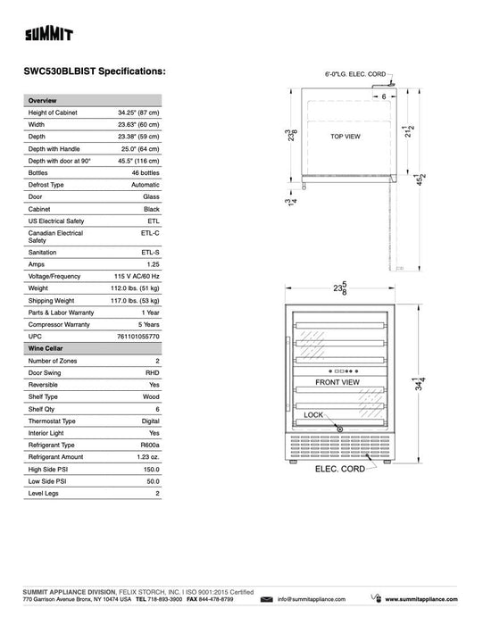 SUMMIT 24" Wide Built-In Wine Cellar (SWC530BLBIST)