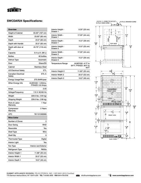 SUMMIT 24" Wide Combination Dual-Zone Wine Cellar and 2-Drawer All-Refrigerator (SWCDAR24)