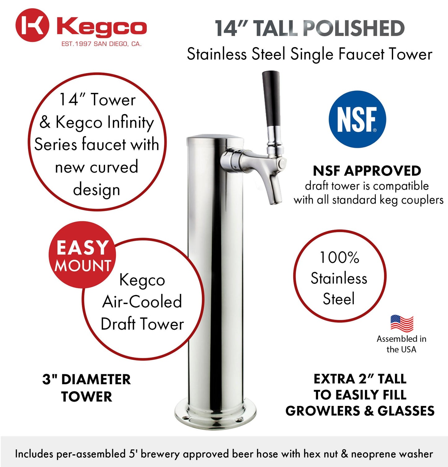 14" Tall Polished Stainless Steel 1-Faucet Infinity Draft Beer Tower - 100% Stainless Steel Contact