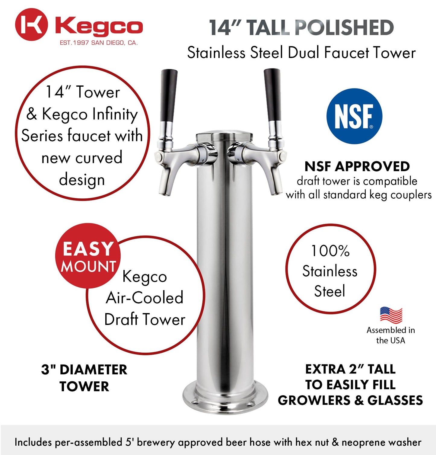 14" Tall Polished Stainless Steel 2-Faucet Infinity Draft Beer Tower - 100% Stainless Steel Contact