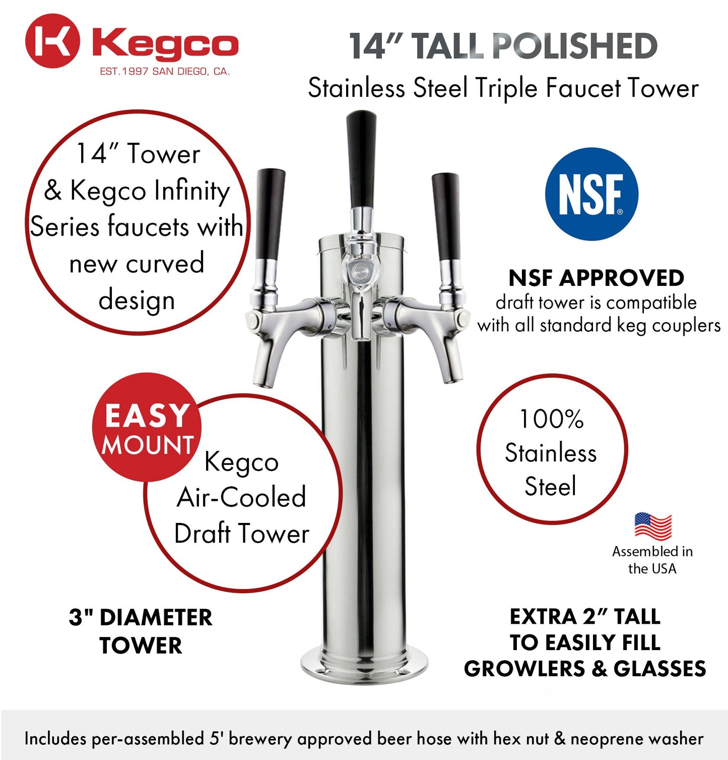 14" Tall Polished Stainless Steel 3-Faucet Infinity Draft Beer Tower - 100% Stainless Steel Contact